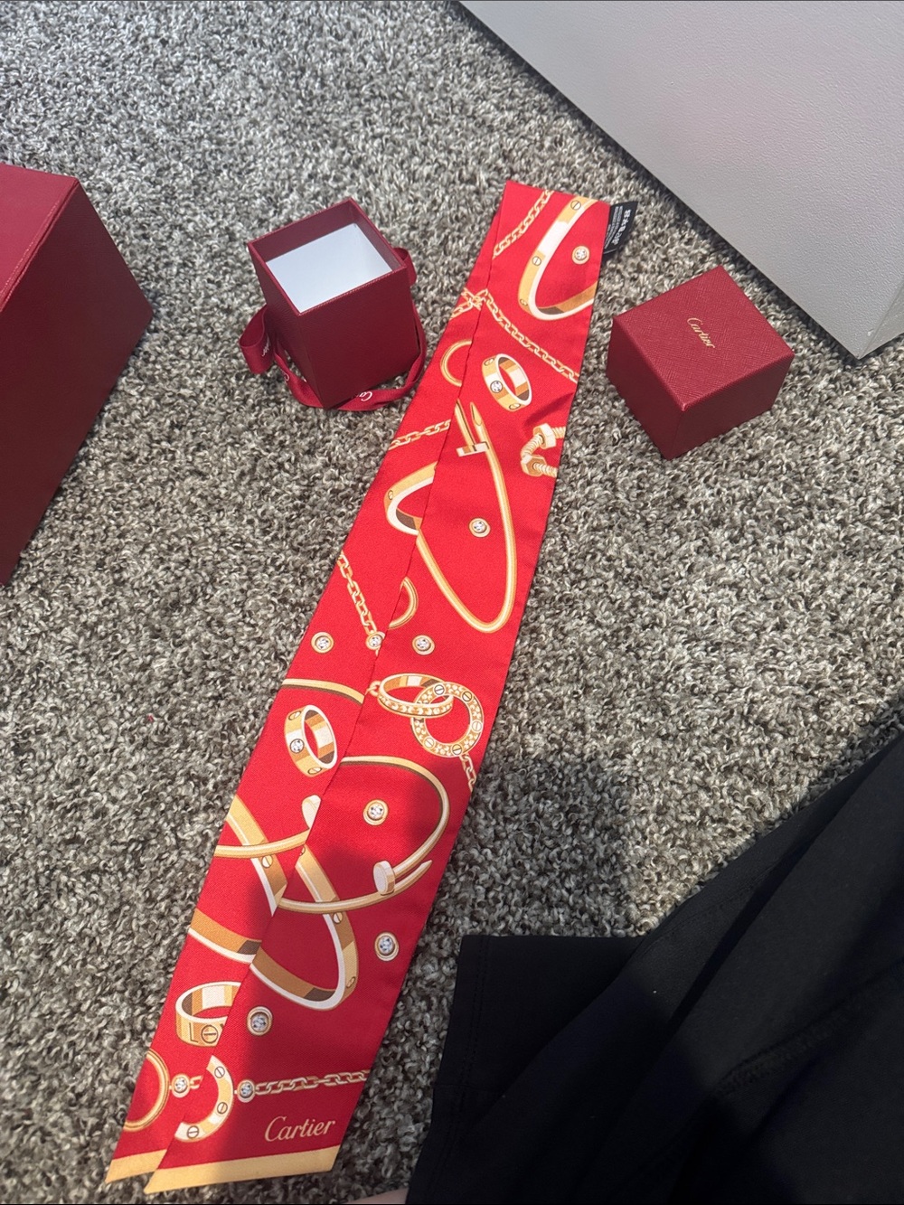 Cartier Red and Gold Silk Twilly Scarf